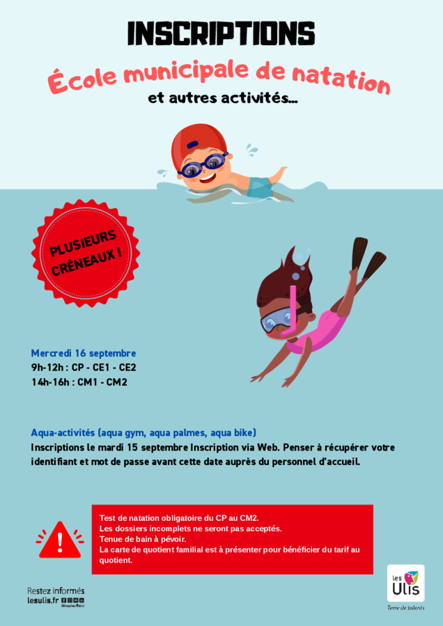 Affiche dates inscriptions école municipale de natation